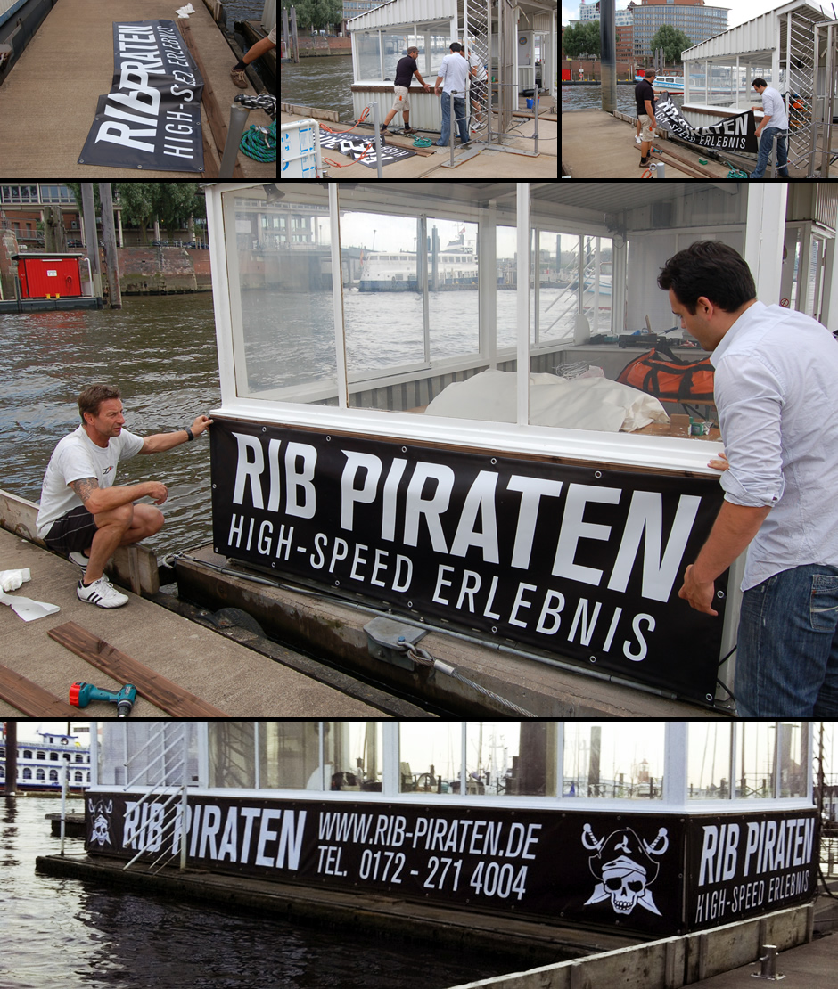 Montage der Banner am RIB Piraten Anleger im Hamburger Hafen